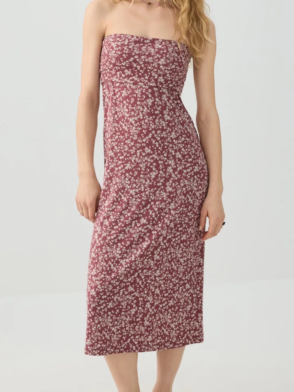 🌺Burgundy Floral Strapless Midi Dress